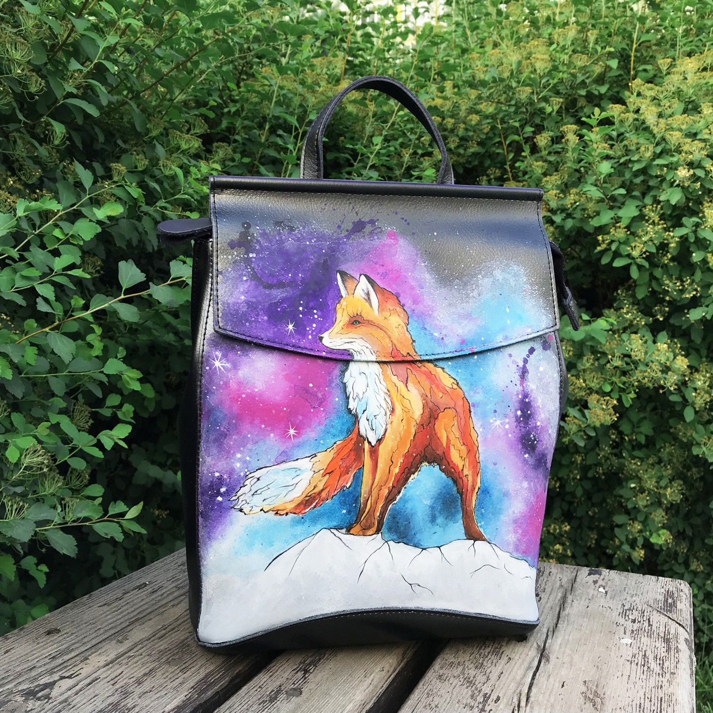   Кожаный рюкзак с ручной росписью Космическая Лиса